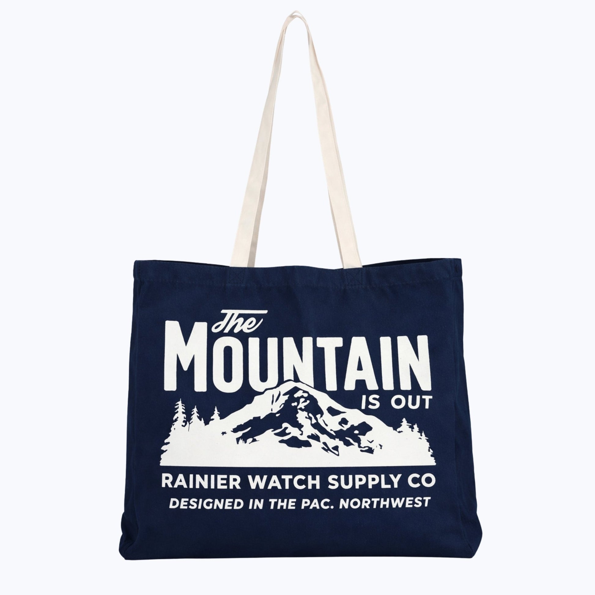 "The Mountain Is Out" Oversized Organic Tote Bag - Navy - Wander Together Outfitters