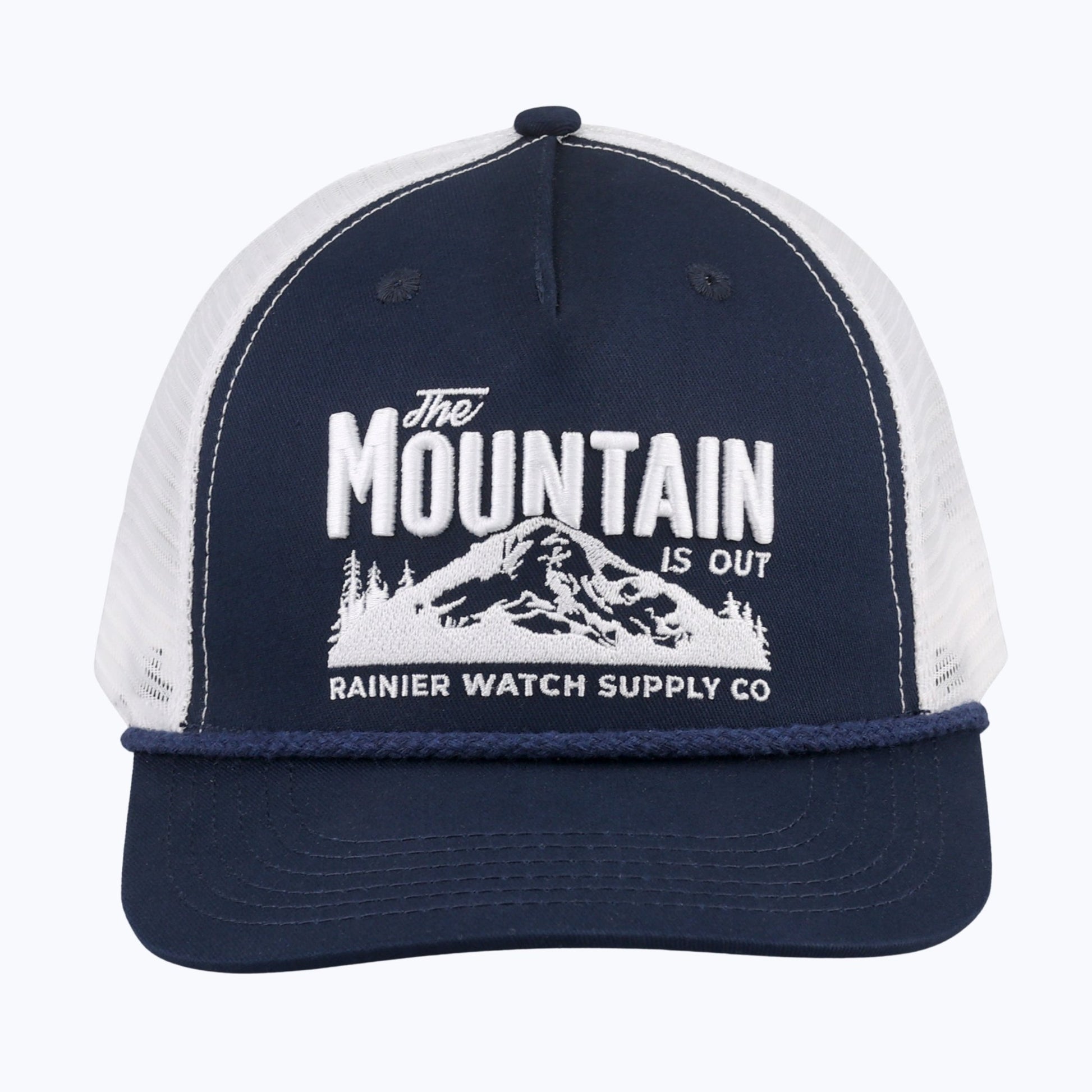 "The Mountain Is Out" Rope Trucker Snapback Cap - Navy/White - Wander Together Outfitters