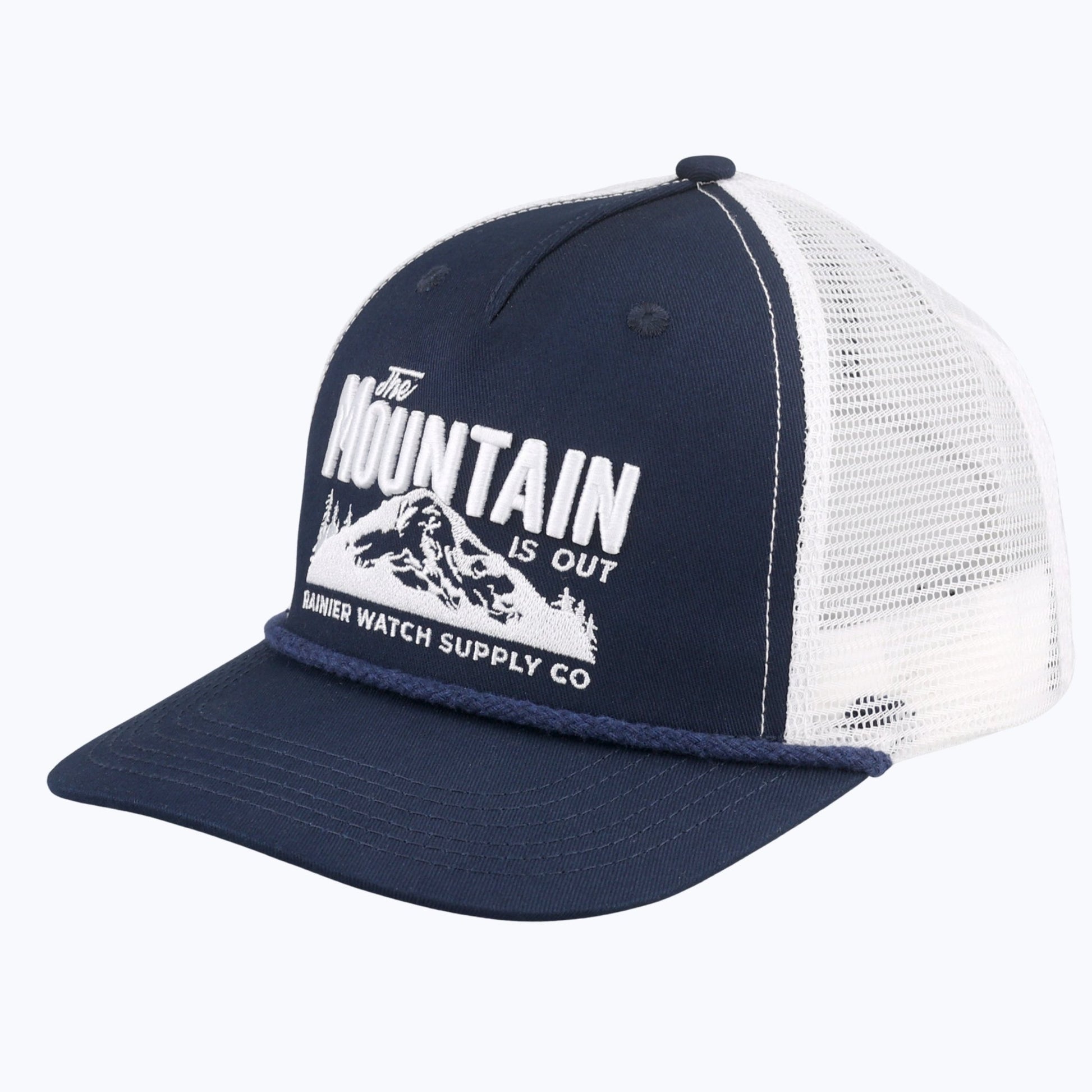 "The Mountain Is Out" Rope Trucker Snapback Cap - Navy/White - Wander Together Outfitters