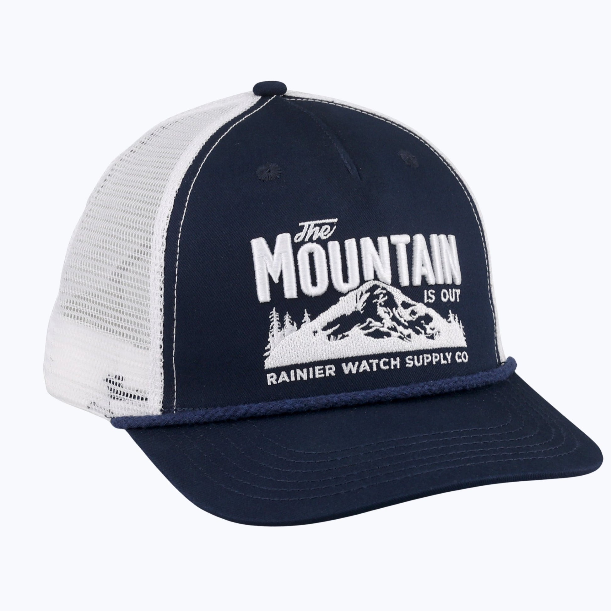 "The Mountain Is Out" Rope Trucker Snapback Cap - Navy/White - Wander Together Outfitters
