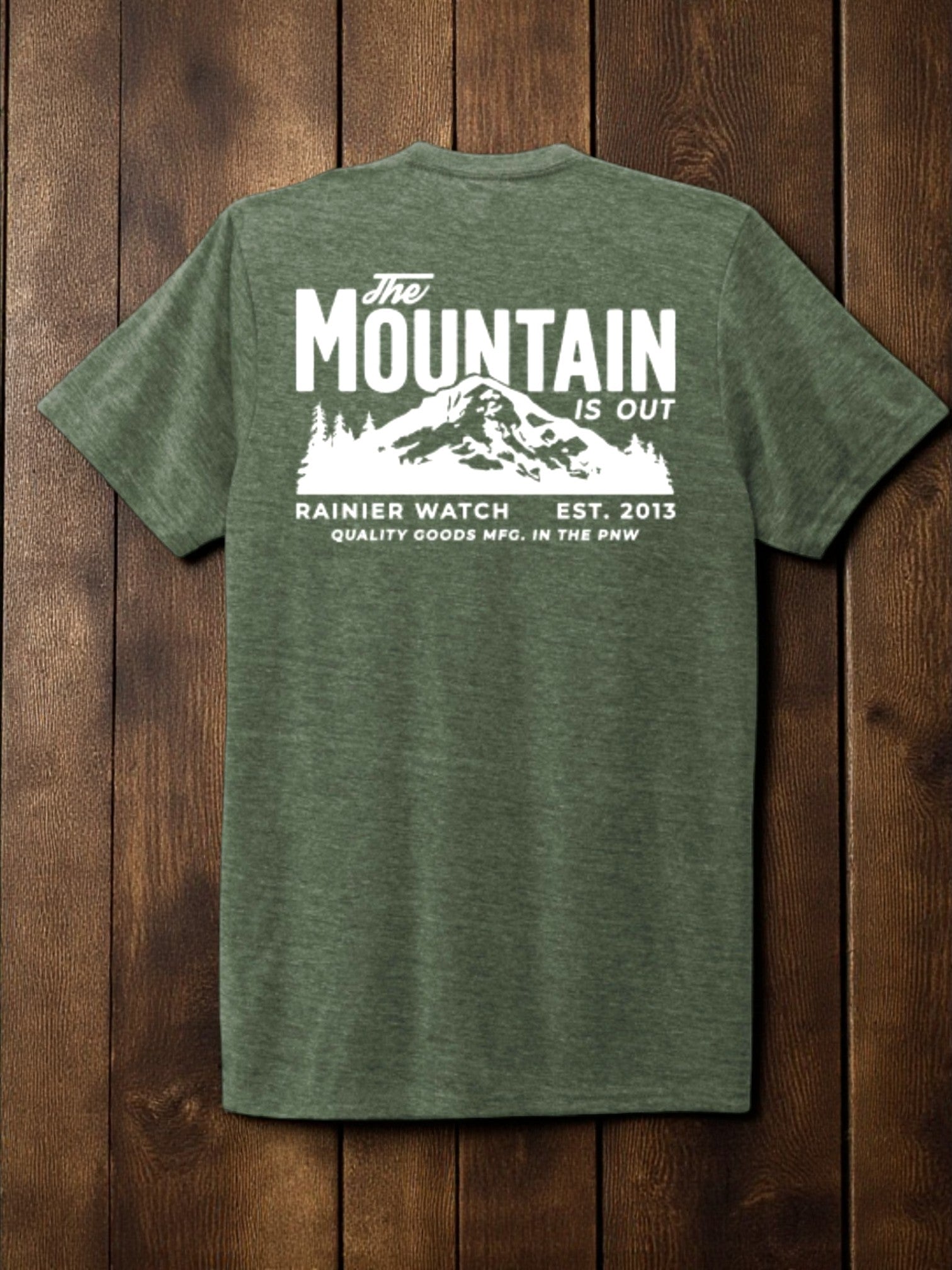 “The Mountain Is Out” Unisex Eco Tee - Double Sided - Heather Forest Green - Wander Together Outfitters