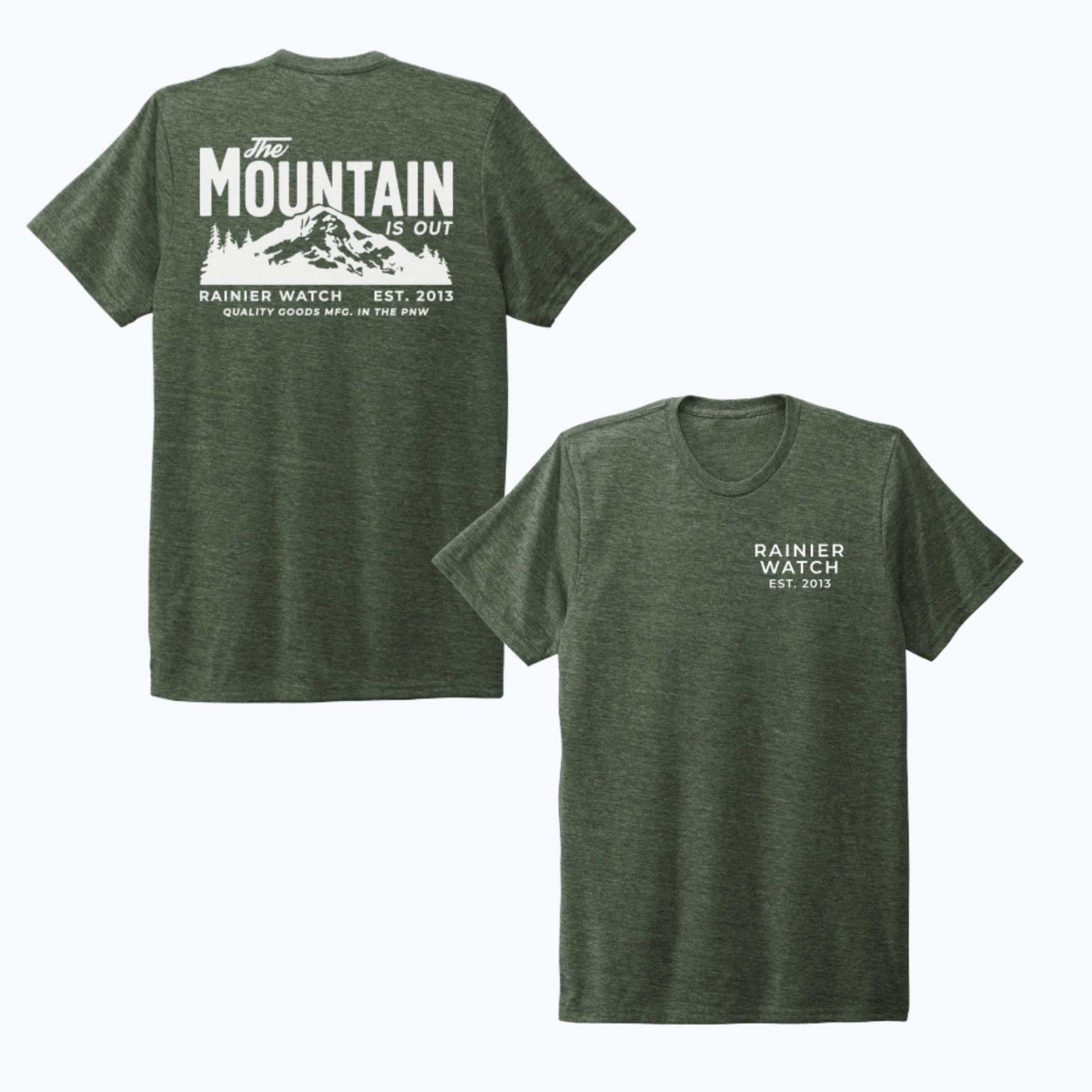 “The Mountain Is Out” Unisex Eco Tee - Double Sided - Heather Forest Green - Wander Together Outfitters