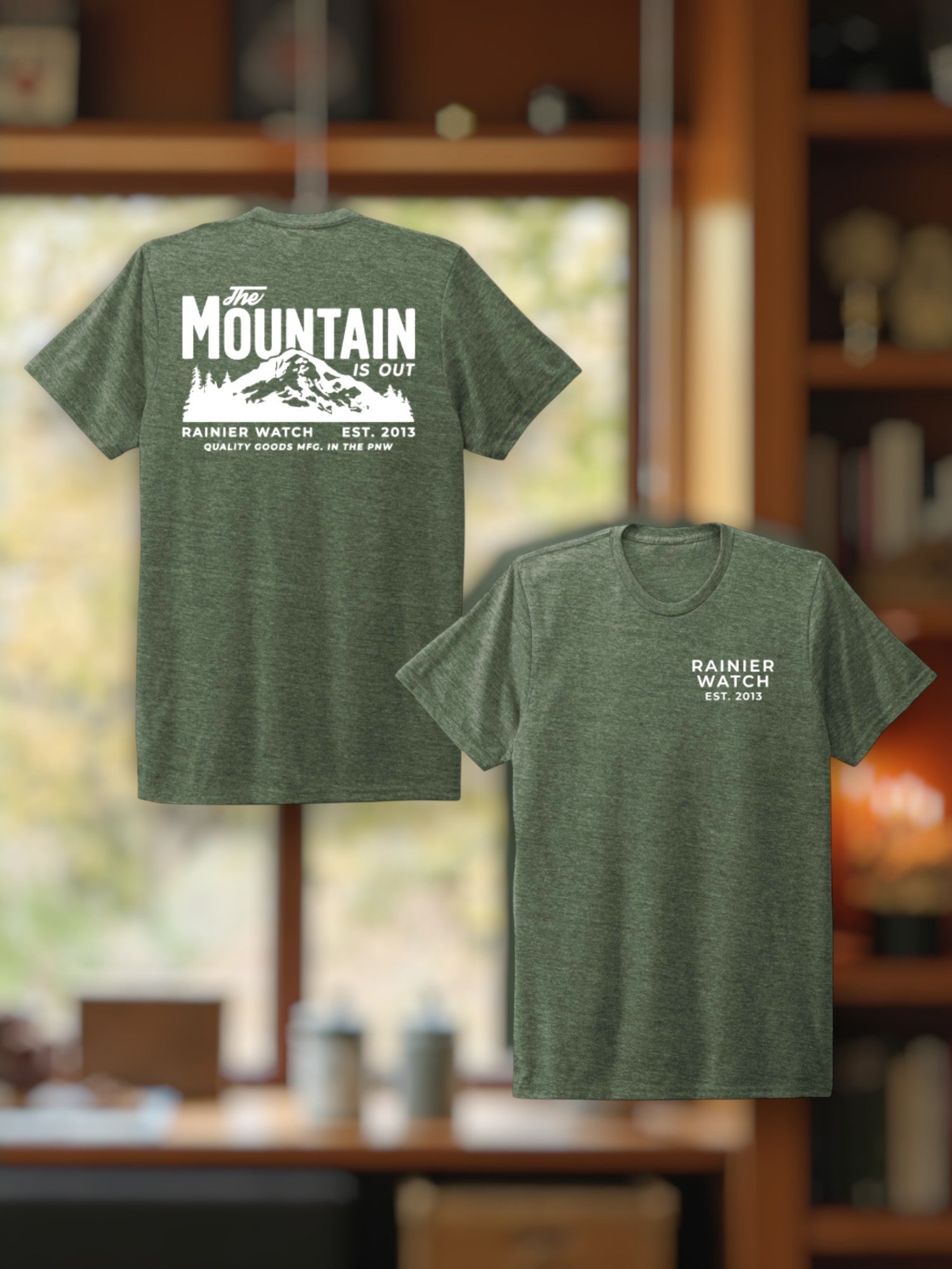 “The Mountain Is Out” Unisex Eco Tee - Double Sided - Heather Forest Green - Wander Together Outfitters