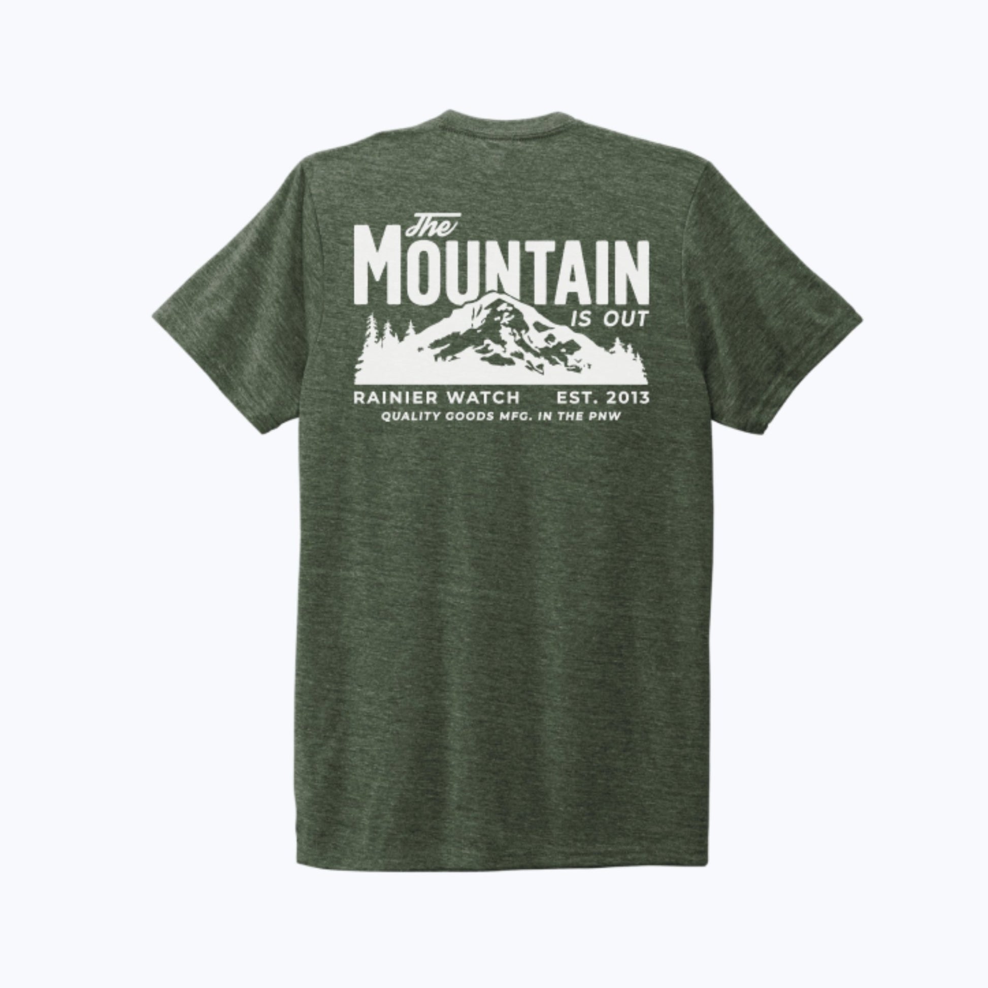 “The Mountain Is Out” Unisex Eco Tee - Double Sided - Heather Forest Green - Wander Together Outfitters
