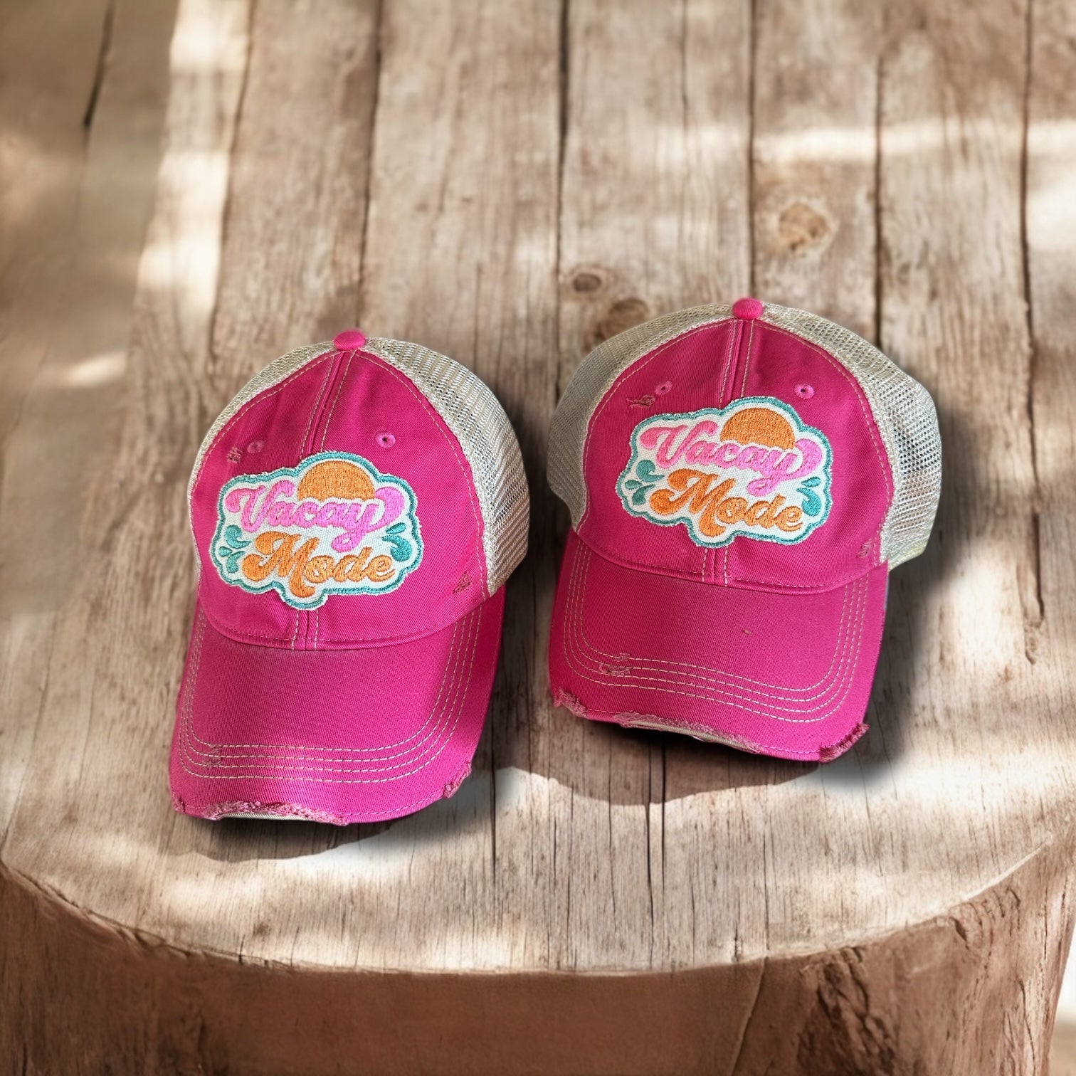 “Vacay Mode” Distressed Mesh Snapback Baseball Cap - Wander Together Outfitters