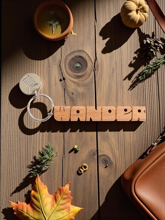 WANDER Wood Keychain (Sale) – Hand - Cut Wooden Letters with Nickel Split - Ring - Wander Together Outfitters