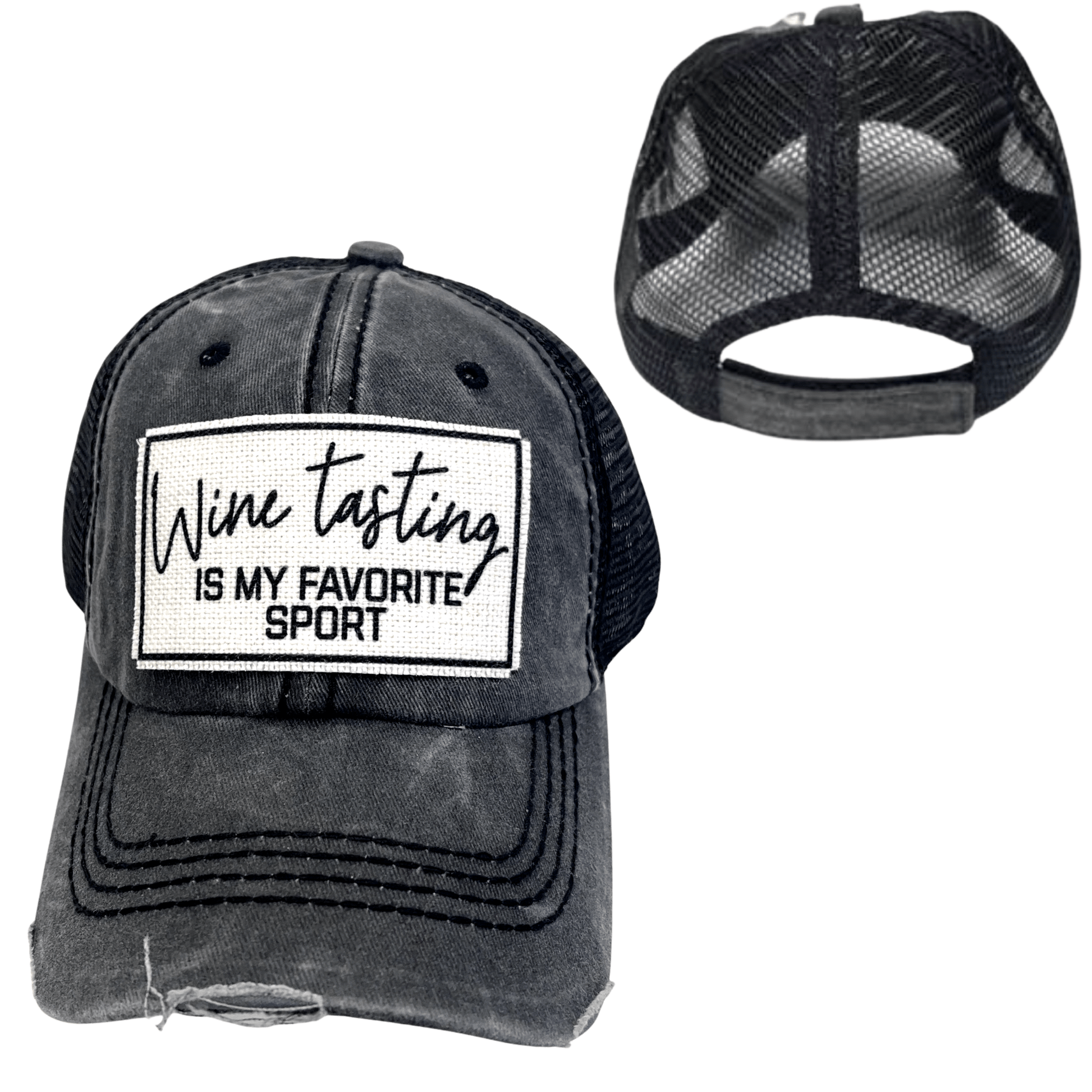 “Wine Tasting Is My Favorite Sport” Distressed Cap (Various Styles) - Wander Together Outfitters