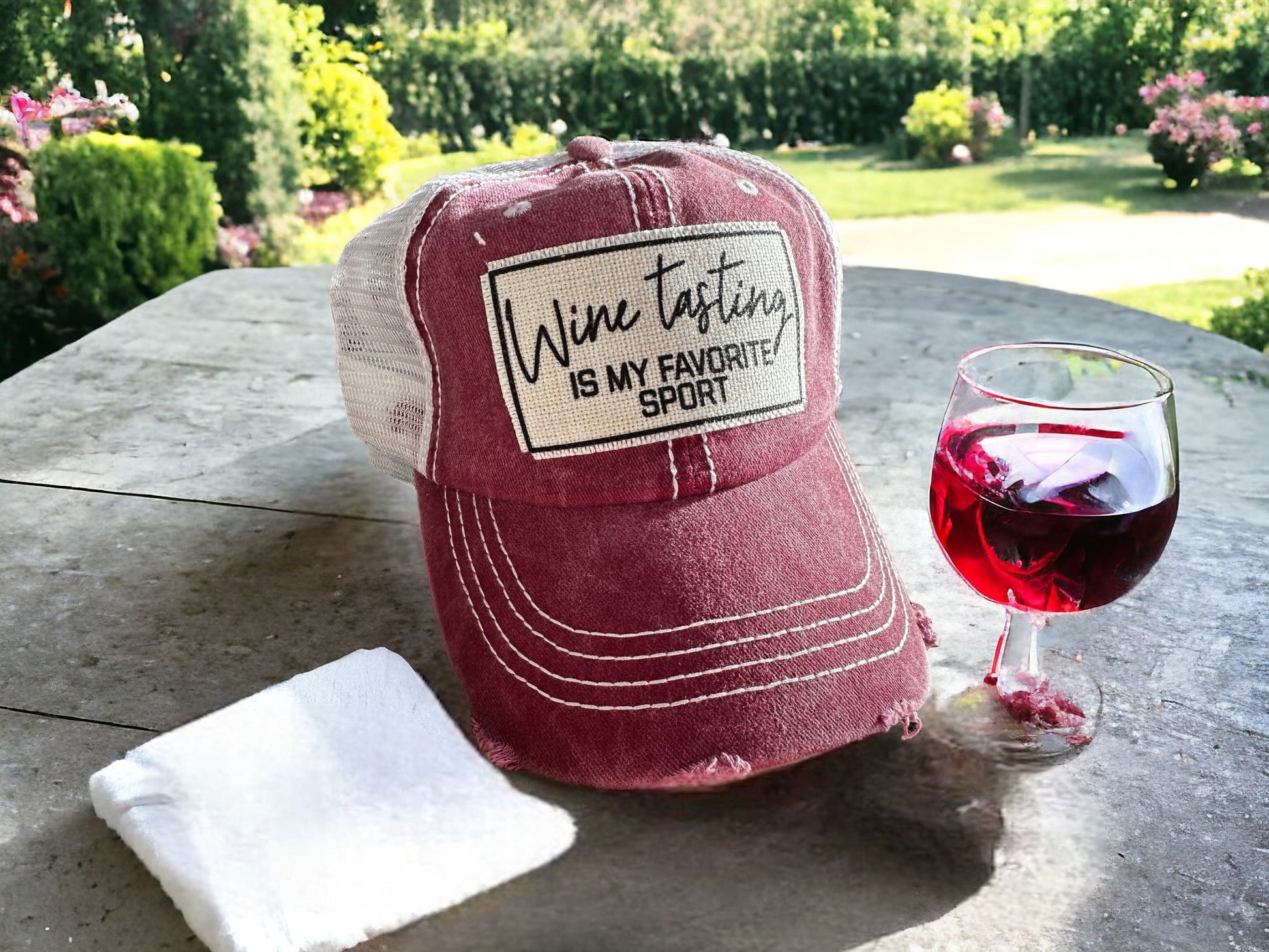 “Wine Tasting Is My Favorite Sport” Distressed Cap (Various Styles) - Wander Together Outfitters