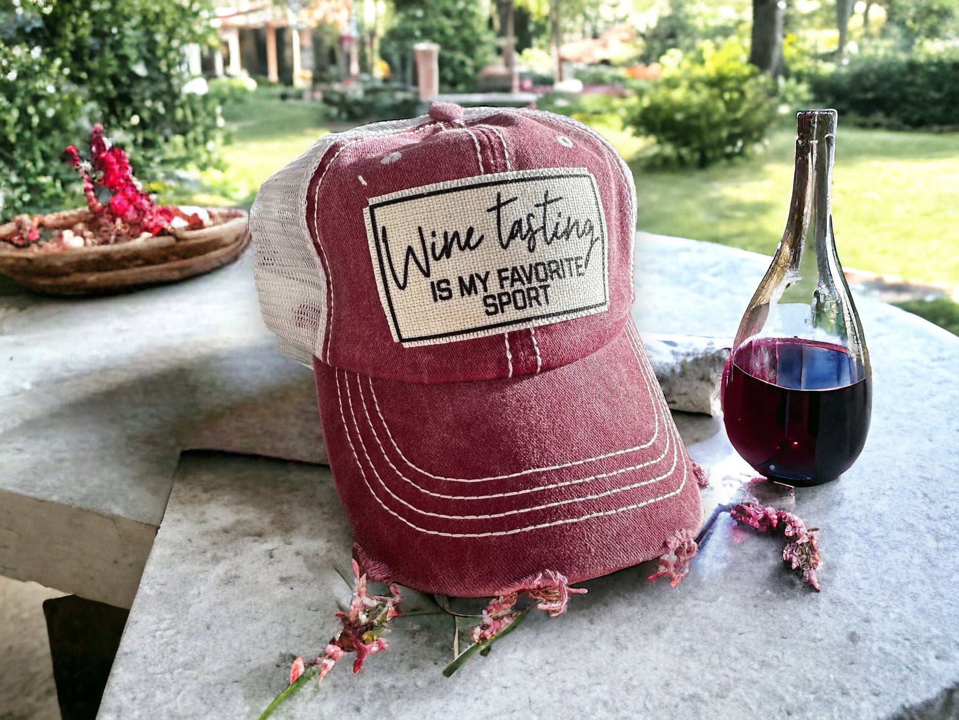 “Wine Tasting Is My Favorite Sport” Distressed Cap (Various Styles) - Wander Together Outfitters