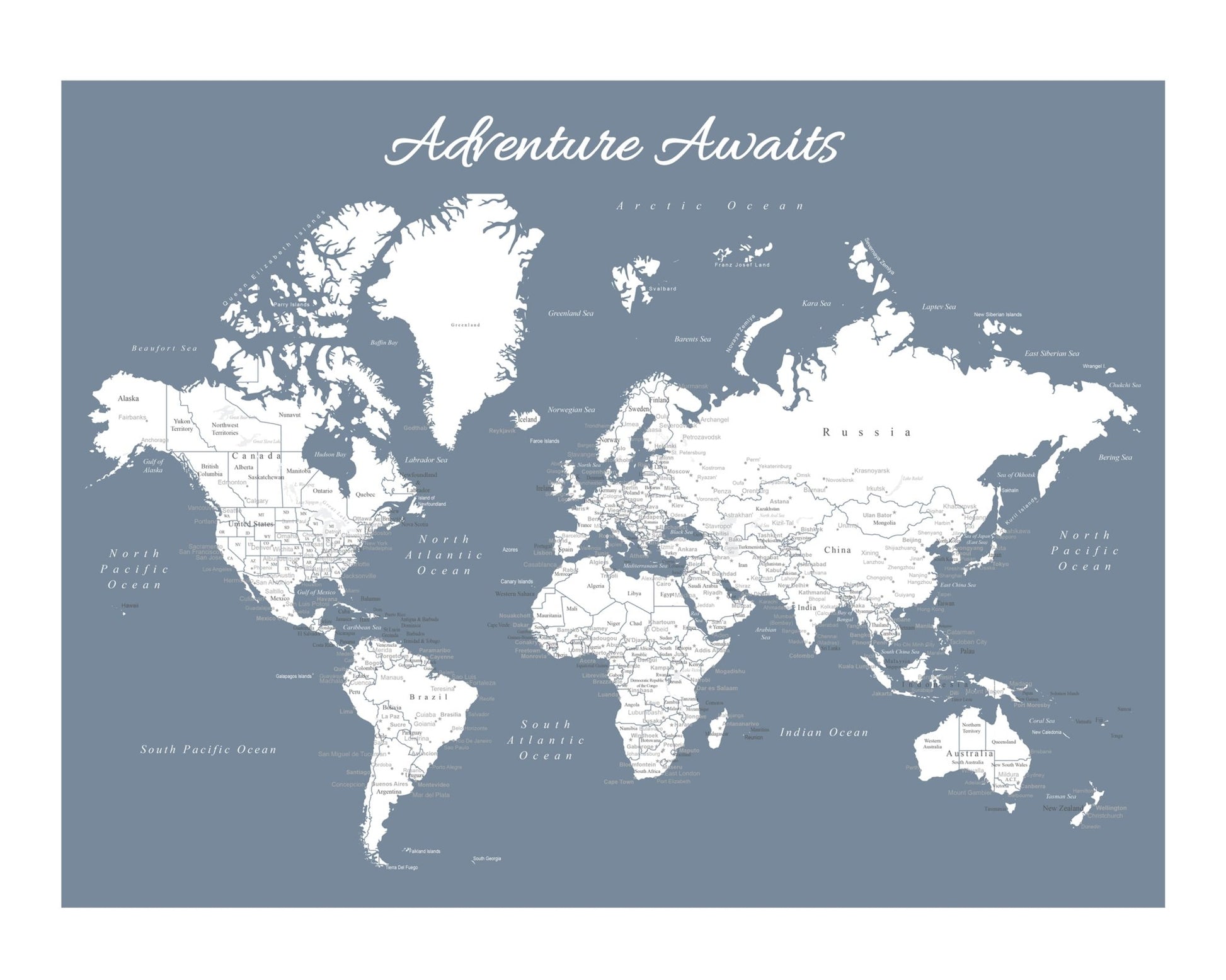 World Map Poster (Slate Blue) Unframed - Wander Together Outfitters