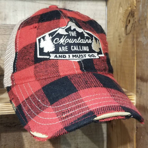 "The Mountains Are Calling" Red Buffalo Plaid Unisex Distressed Trucker Cap