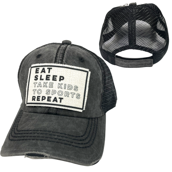 "Eat Sleep Take Kids To Sports, Repeat" Distressed Unisex Trucker Caps (CLEARANCE)