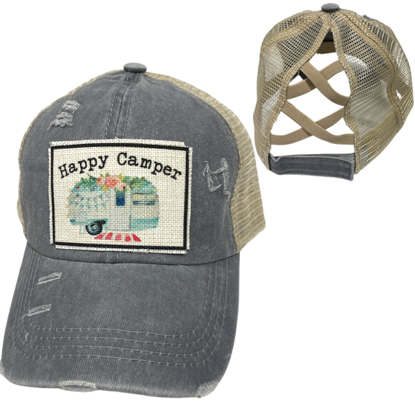 "Happy Camper" Distressed Ponytail Cap