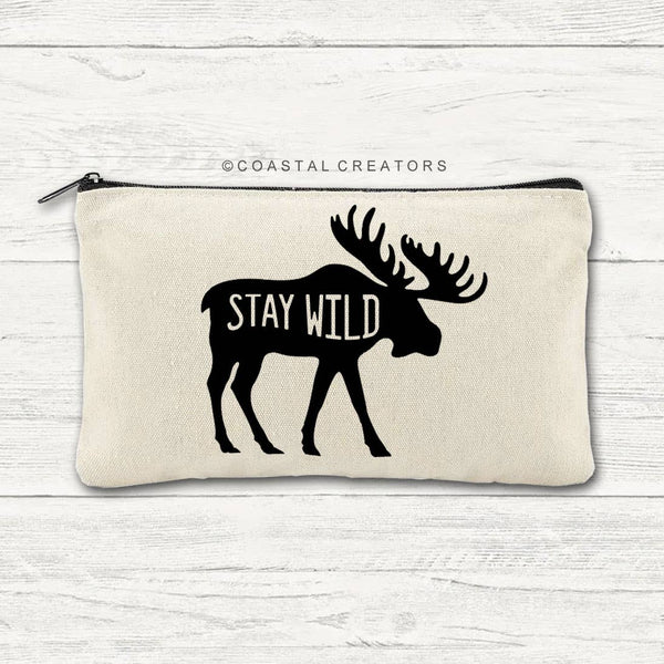 “Stay Wild” Moose Canvas Zipper Travel Pouch Bag