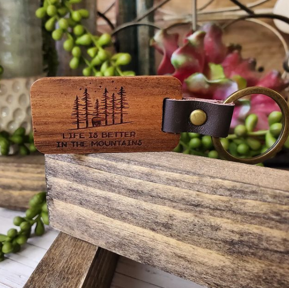"Life is Better In The Mountains” Wood and Leather Keychain