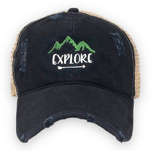 "Explore" Embroidered Mountain Distressed Unisex Cap in Black