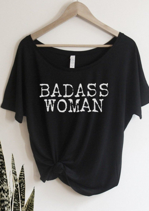 "Badass Woman" Typewriter Font - Off the Shoulder T-shirt