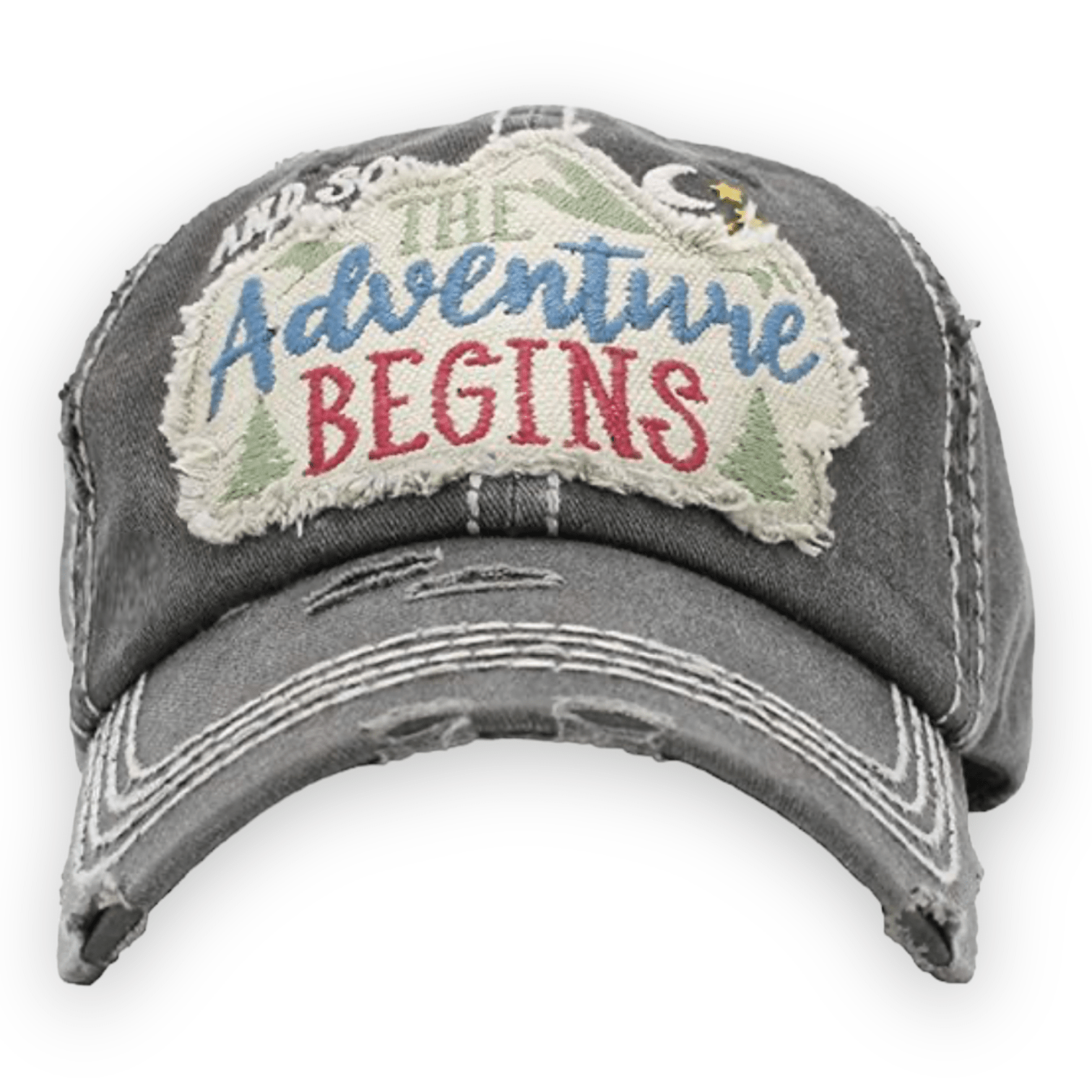 "(and so) The Adventure Begins" Embroidered Patch Distressed Cap (Black) - Wander Together Outfitters