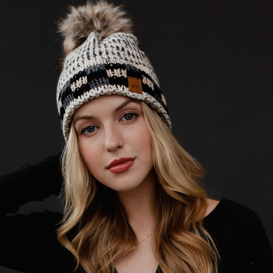 Cabin Cozy Grey Heather Pom Hat w/ Grey, Tan & Black Plaid Trim (SALE) - Wander Together Outfitters