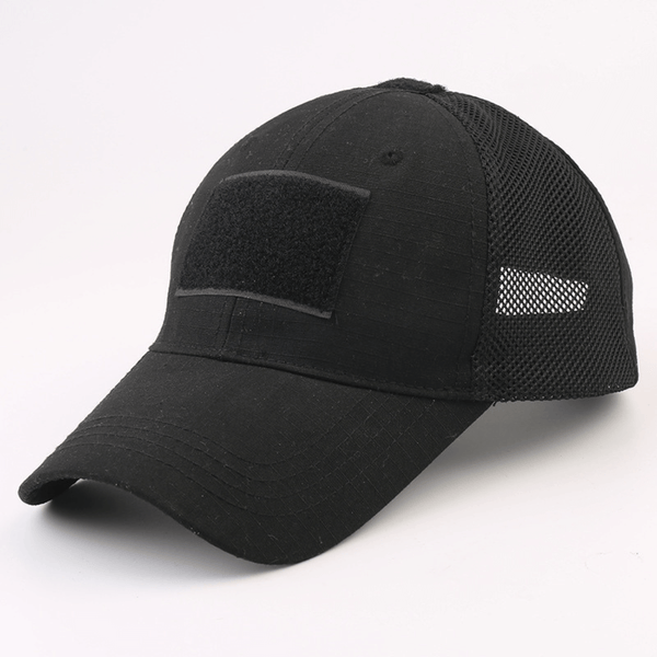 Military-Style Tactical Patch Hat with Adjustable Strap: Black