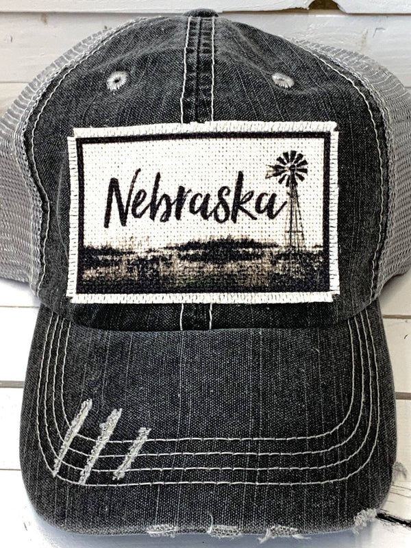 "Nebraska" Distressed Unisex Trucker Caps (windmill)