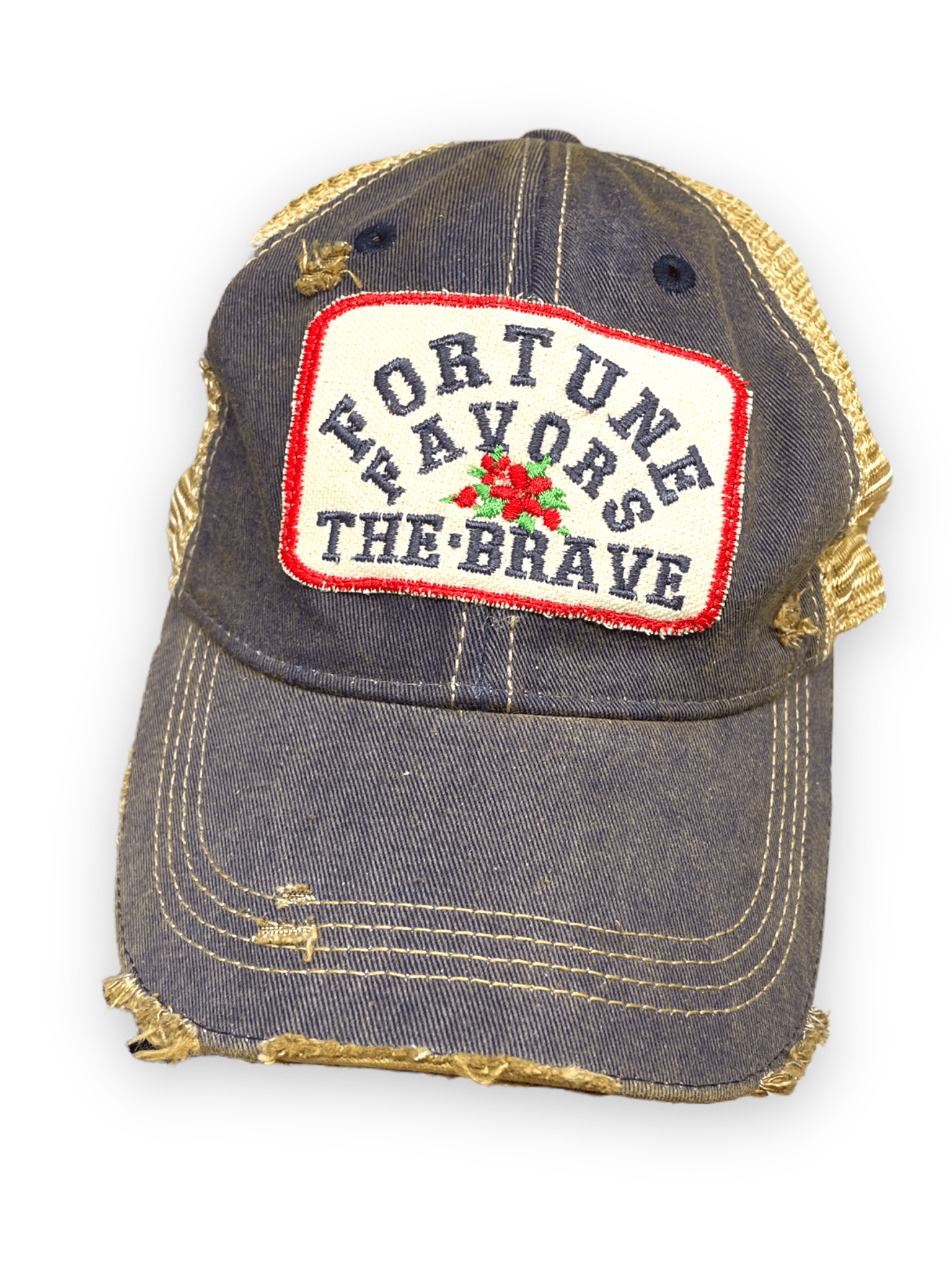“Fortune Favors The Brave” Distressed Trucker Hat (SALE) - Wander Together Outfitters