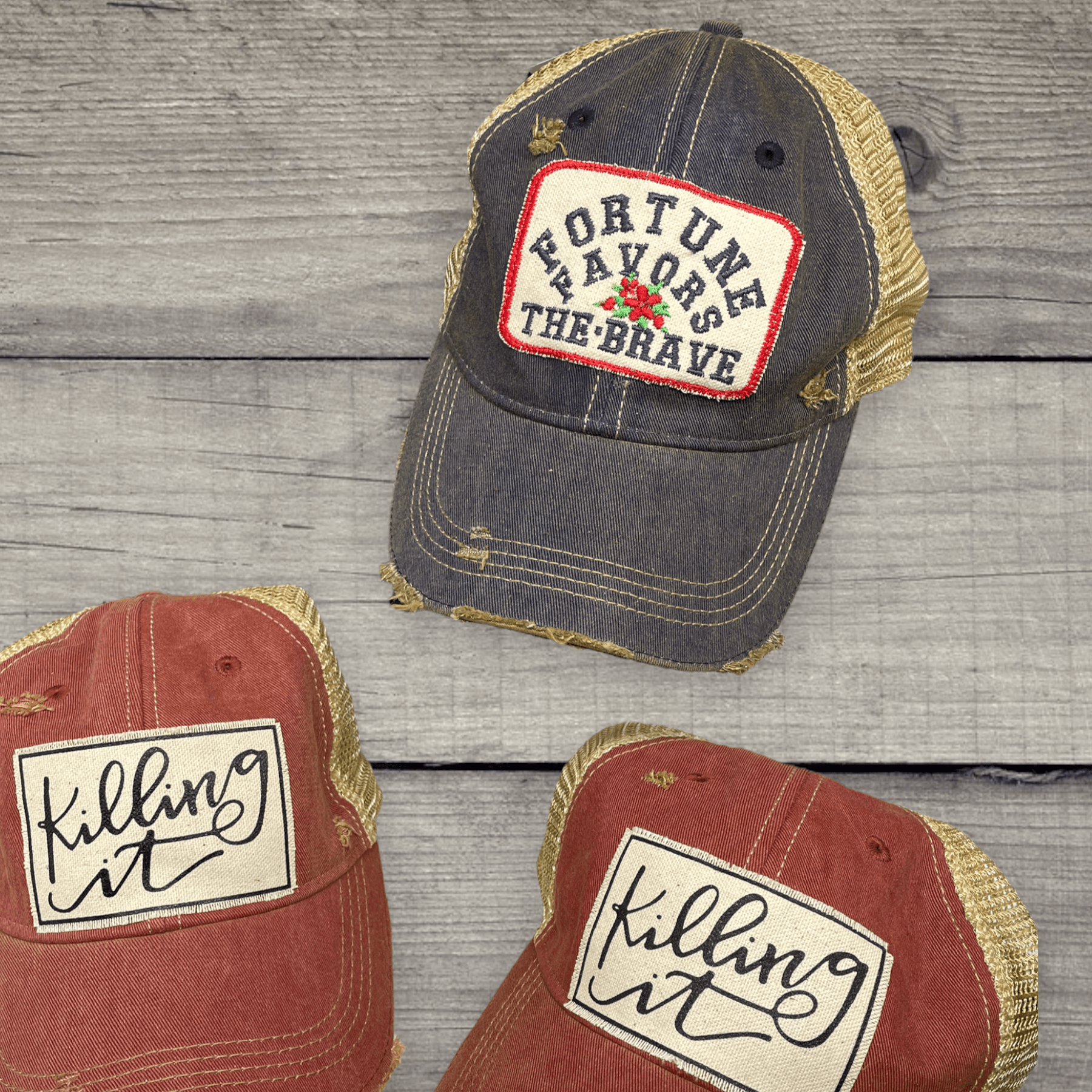 “Fortune Favors The Brave” Distressed Trucker Hat (SALE) - Wander Together Outfitters