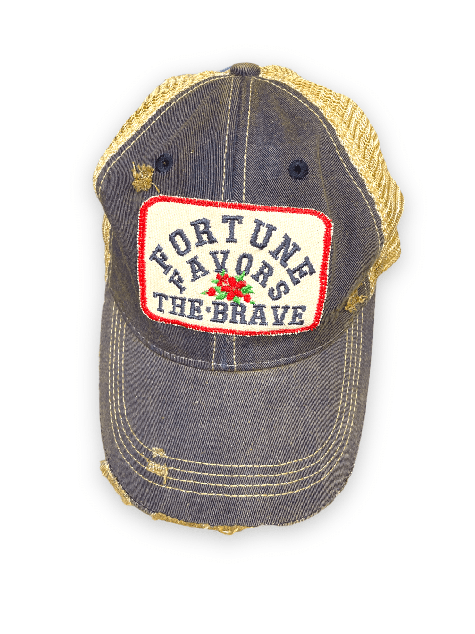 “Fortune Favors The Brave” Distressed Trucker Hat (SALE) - Wander Together Outfitters