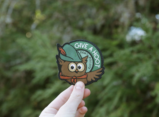 "Give a Hoot Don't Pollute" Woodsy Owl Iron on Woven Patch - Wander Together Outfitters