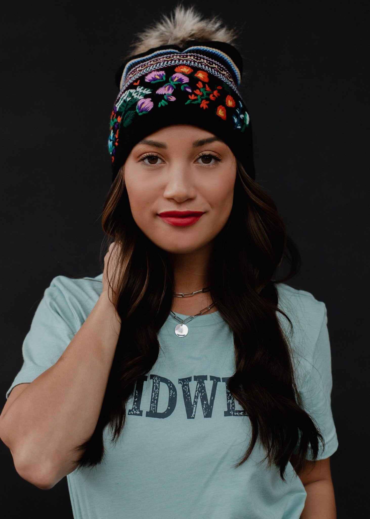 Hand - Sticthed Luxe Black Floral Pattern Cuff Pom Hat Beanie (CLEARANCE) - Wander Together Outfitters