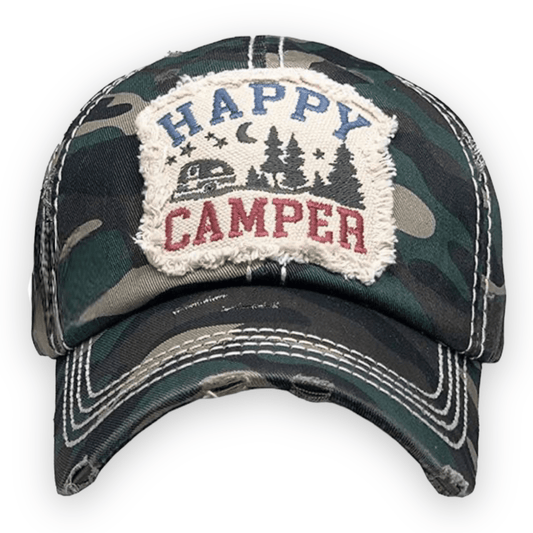 "Happy Camper" Camo Distressed Cap (SALE) - Wander Together Outfitters