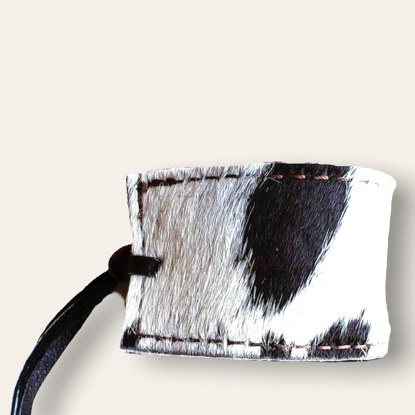 Cow Hide Print Leather Cuff w/ Adjustable Tie in Black & White Hair on Hide