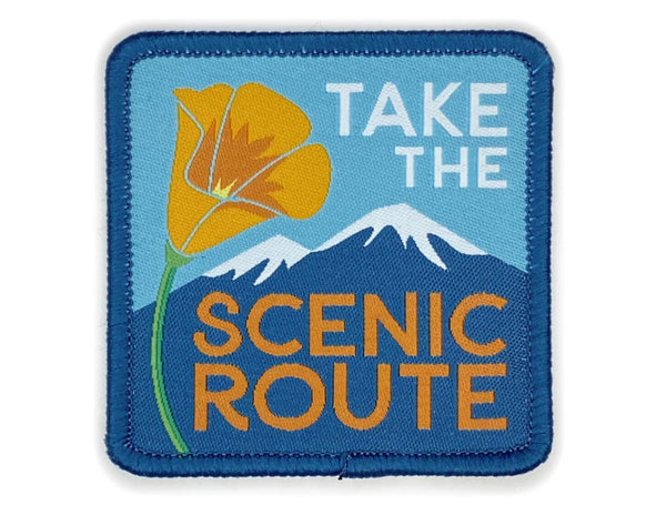 “Take The Scenic Route” Iron On Patch or Sticker Decal (Poppy & Mountain)