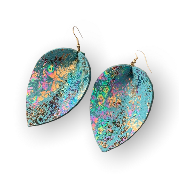 Baby Blue Leather Earrings with Rainbow Holographic Splashes