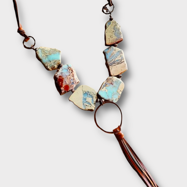 Aqua Terra Slab Necklace with Copper Hoop and Fringe Tassel