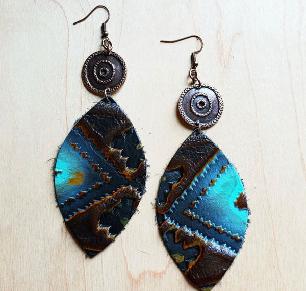 Leather Oval Earrings in Blue Navajo w/ Copper Discs