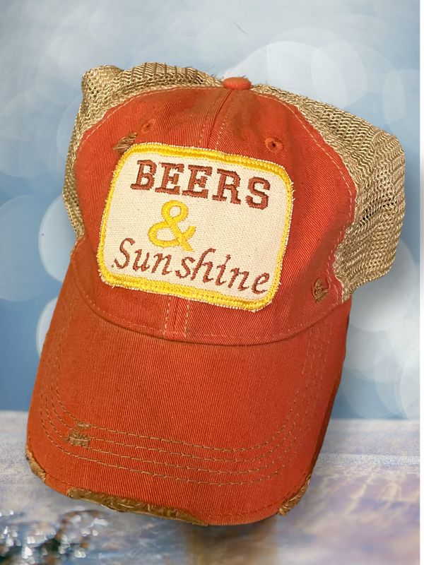 “Beers & Sunshine” Embroidered Distressed Trucker Cap