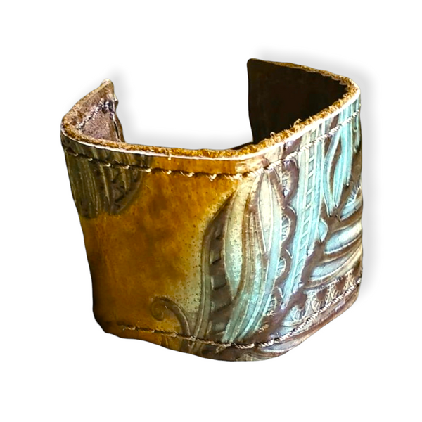 Leather Cuff w/ Adjustable Tie in Turquoise Feather
