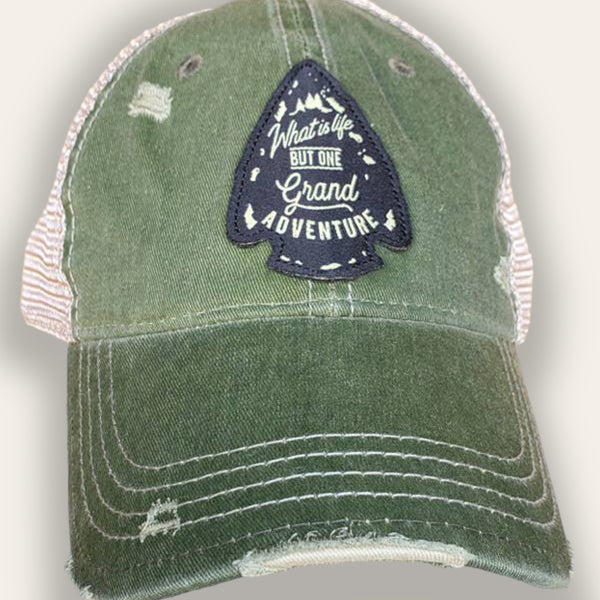 "What Is Life But One Grand Adventure" Unisex Green Distressed Trucker Cap (Arrowhead)