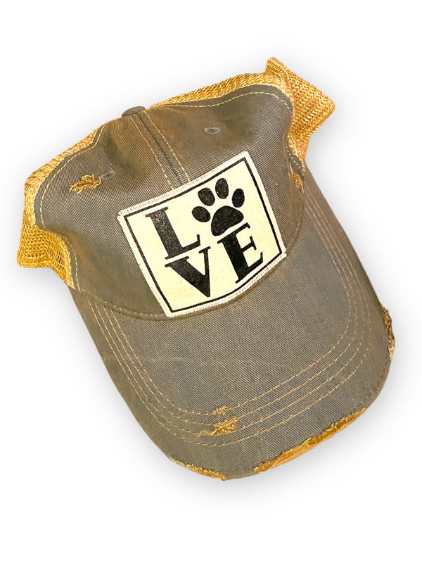 “Love” with Paw Distressed Trucker Hat