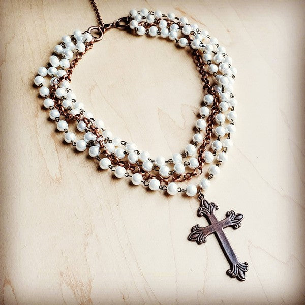 Pearl Chain, Copper Cross Necklace (SALE)