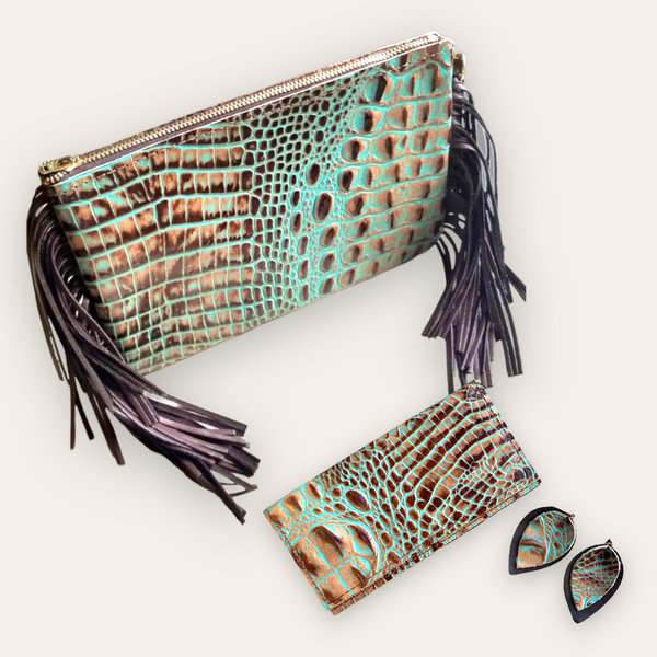 Leather Turquoise “Gator-Print” Handbag & Jewelry