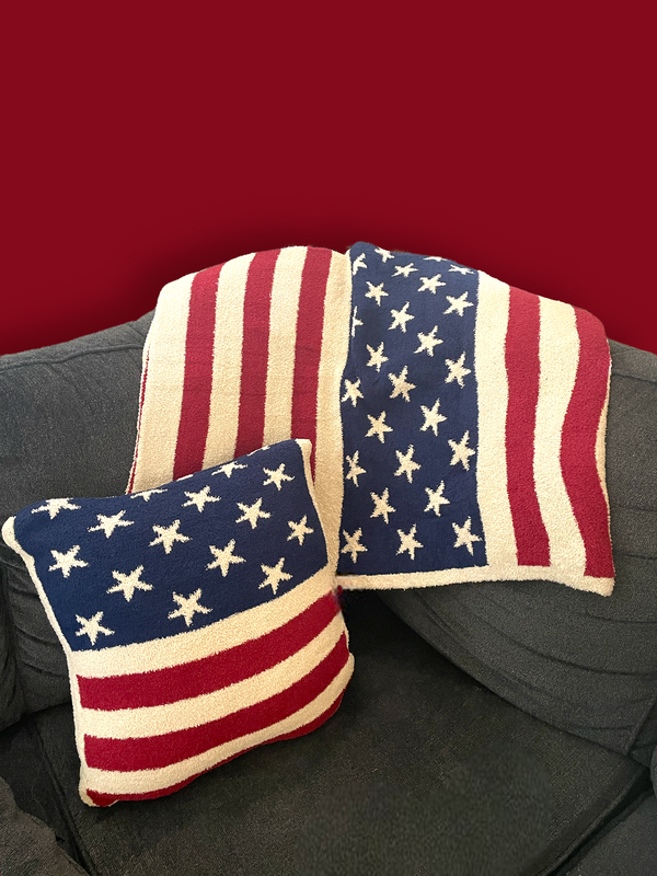 Super Soft American Flag Set: Knit Blanket & Matching Pillow