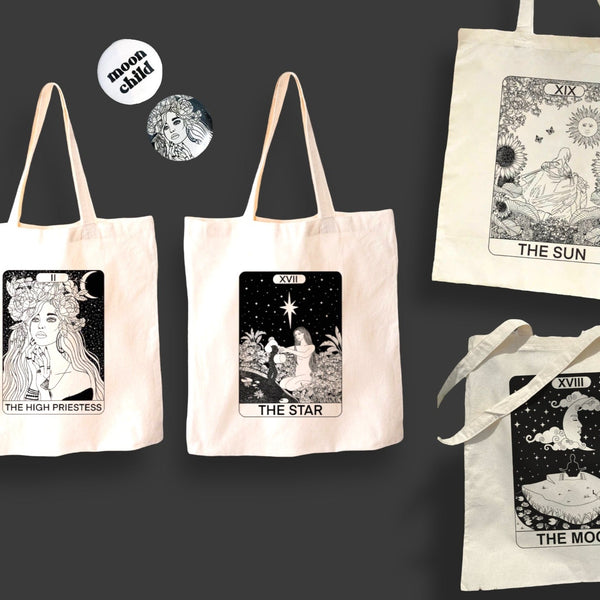 Sun, Moon, Star, Priestess Tarot Tote Bags & Buttons