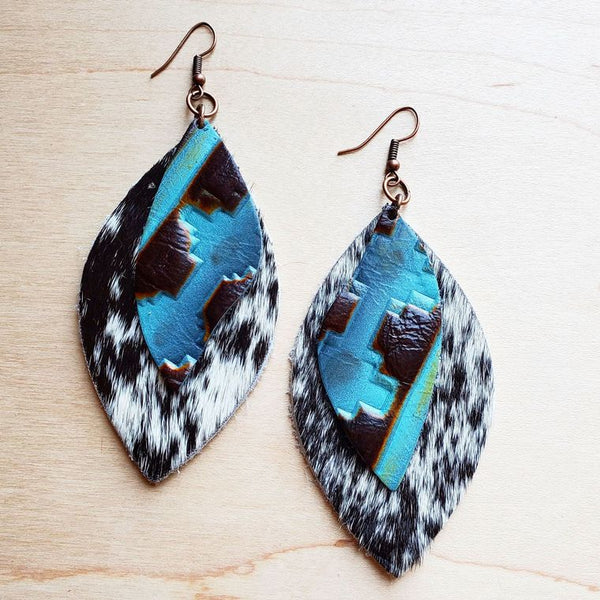 Leather Oval Gray Hide Earrings with Blue Navajo Accents