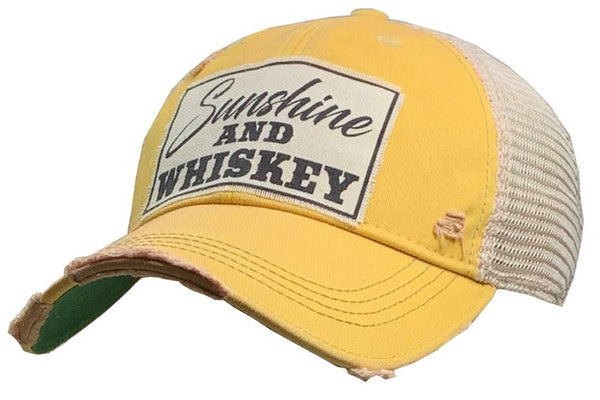 “Sunshine & Whiskey” Patch Distressed Trucker Cap-Various Colors