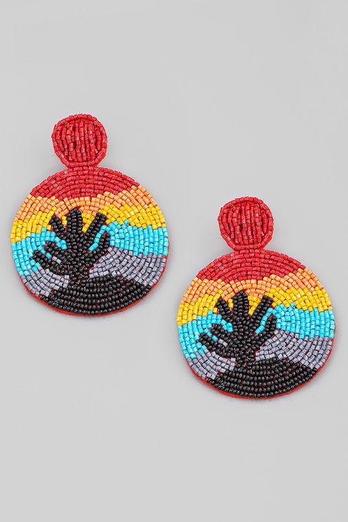 Seed Beaded Cactus Desert Circle Drop Earrings