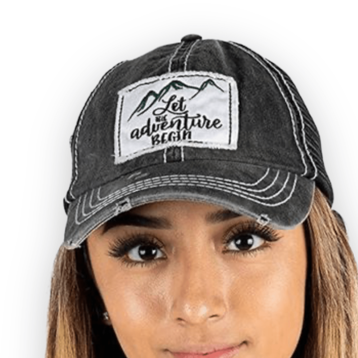 “Let The Adventure Begin” Distressed Unisex Trucker Cap - Wander Together Outfitters