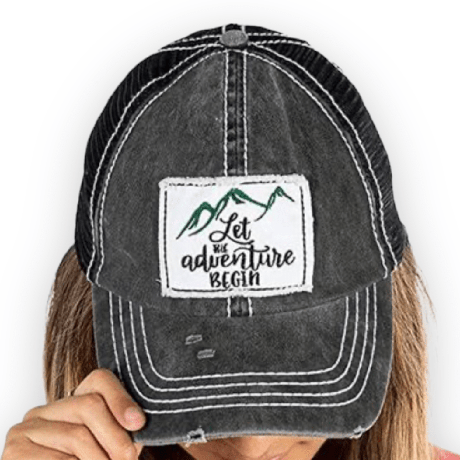 “Let The Adventure Begin” Distressed Unisex Trucker Cap - Wander Together Outfitters