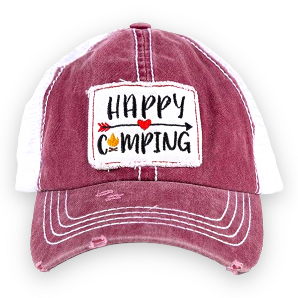 "Happy Camping" Distressed Cap
